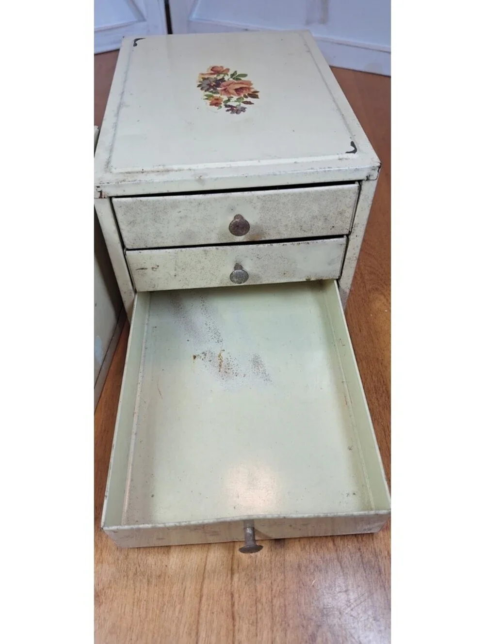 2 VTG Metal 3 Drawer Jewelry/Craft Storage Caddies w/Floral Motif S Brass Knobs.